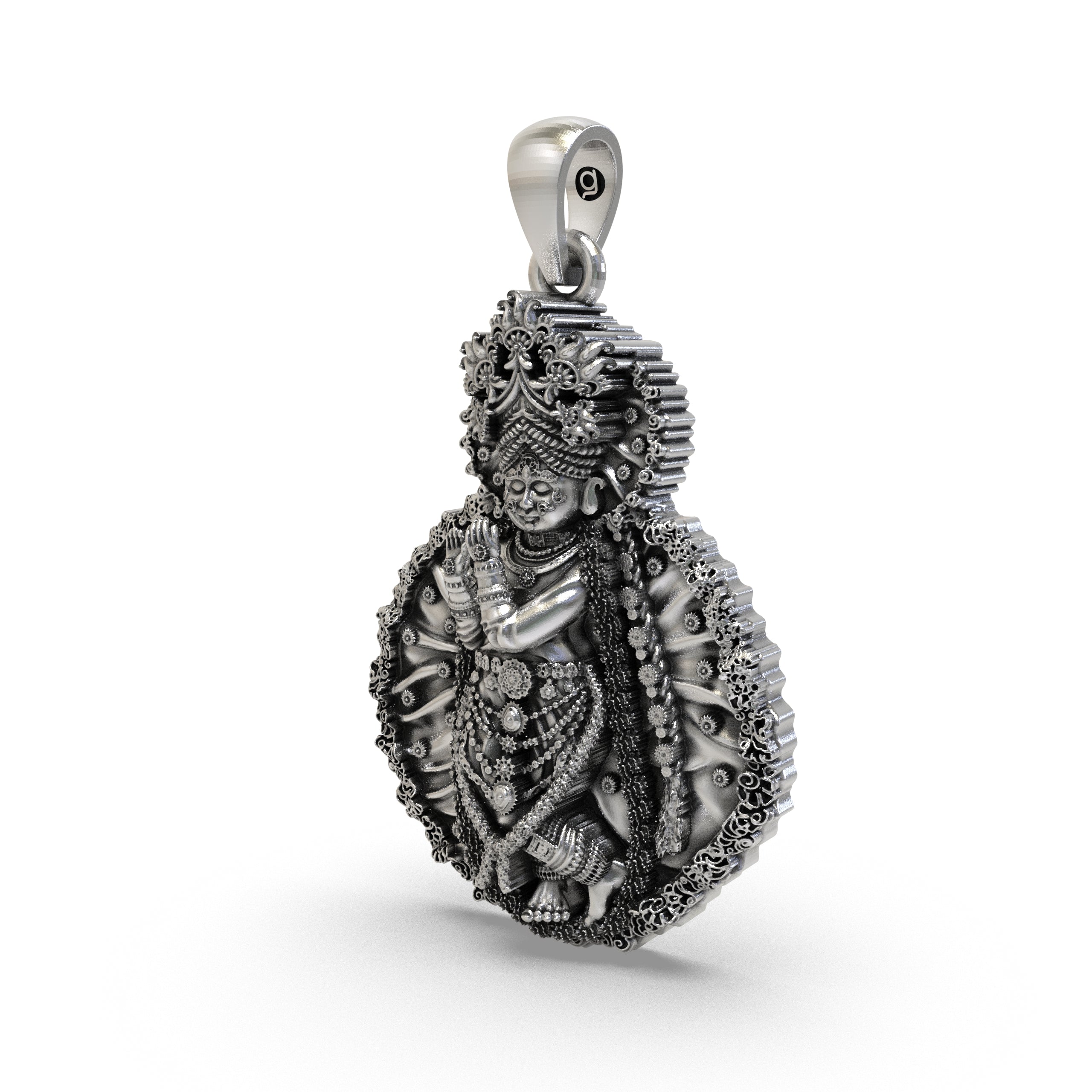 Close-up of the pure sterling silver Radha Vallabha pendant highlighting its sacred craftsmanship.