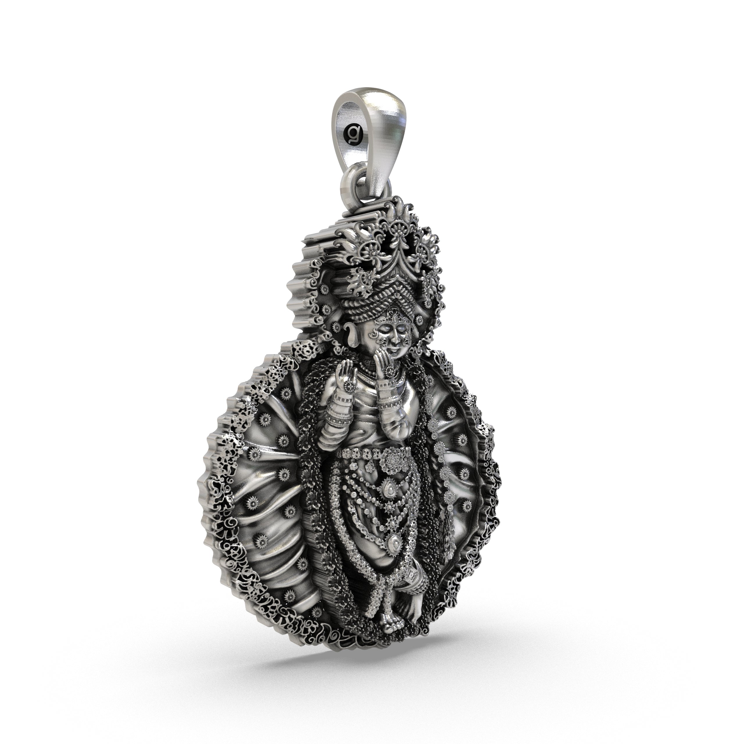 Angled profile of the 925 silver Radha Vallabha Sampradaya religious pendant ideal for daily wear.