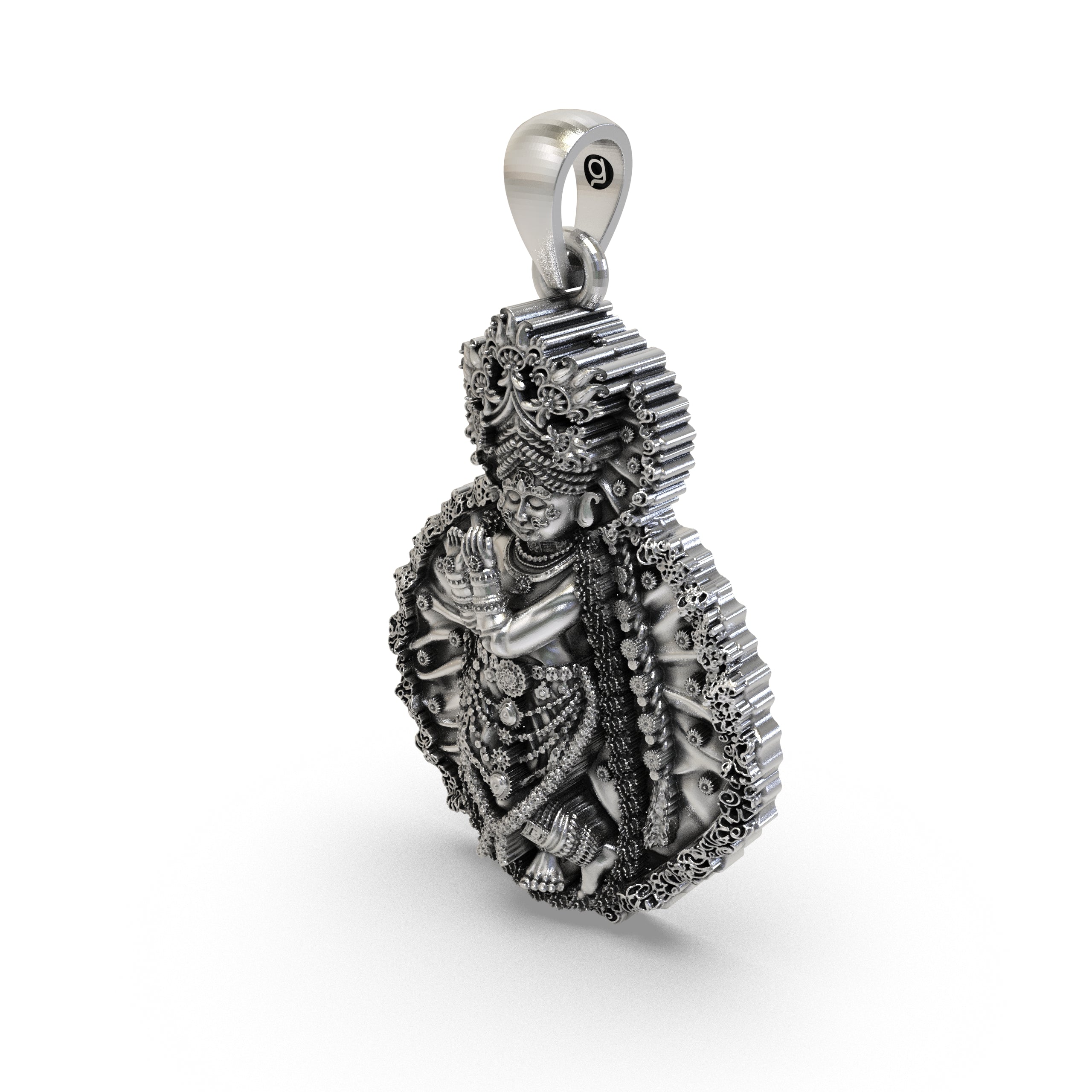 Back and detailing of the 6.6g silver Radha Vallabha Sampradaya devotional pendant for men and women.