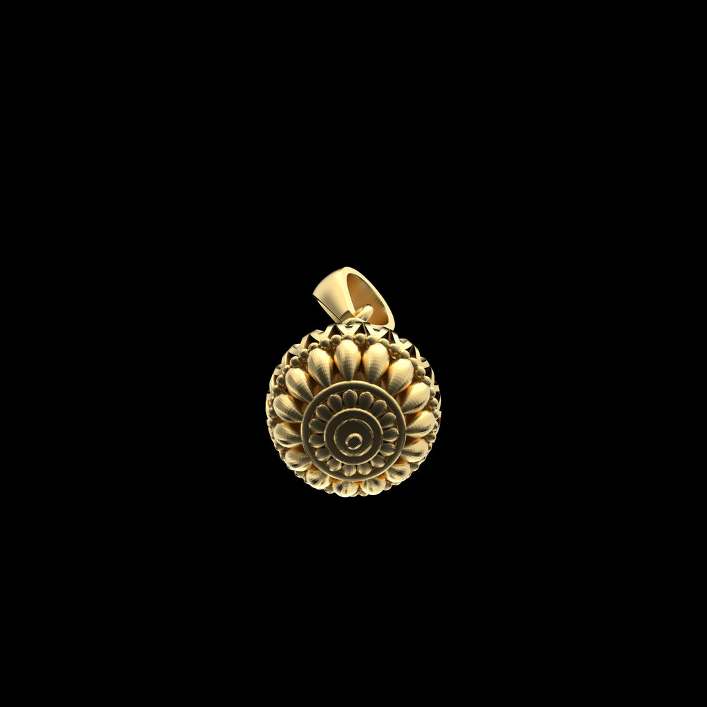 A macro shot capturing the lustrous 18K gold vermeil coating on the 925 silver Hanuman Gada mace pendant for strength.