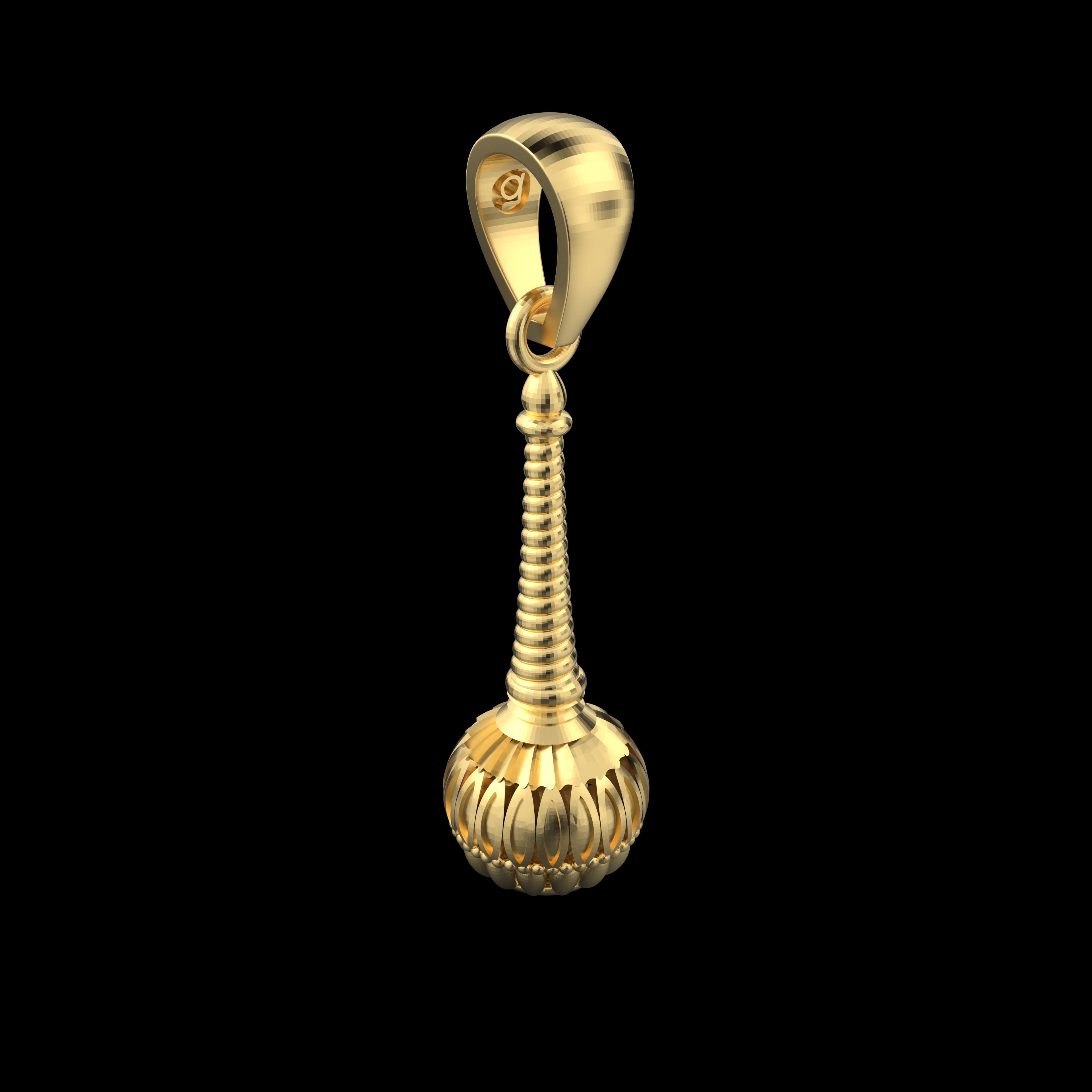 The complete Alankar Gada pendant against a neutral background, showing its full size and the gleam of its gold vermeil