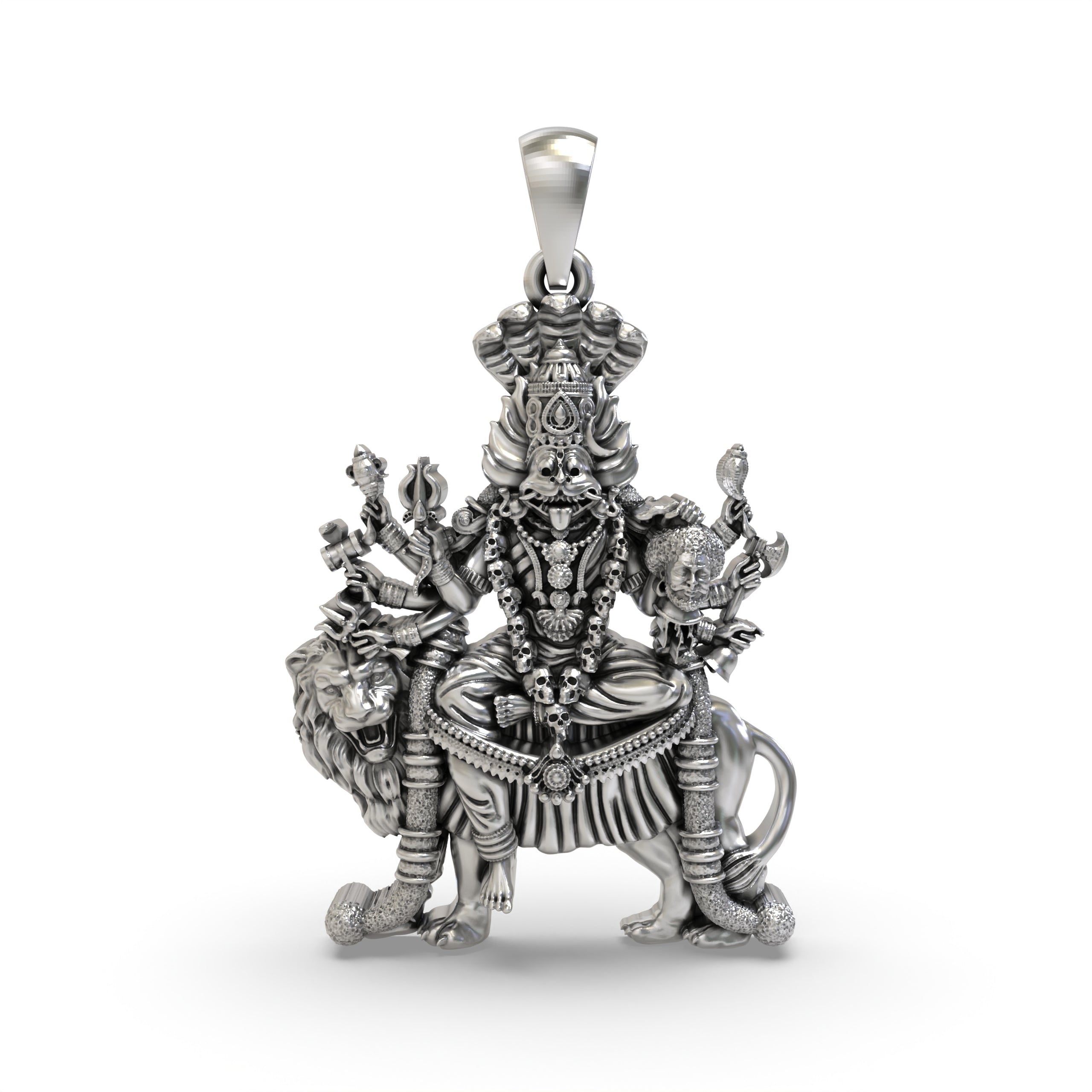 Front view of the handcrafted Silver Pratyangira Pendant, showcasing the detailed goddess in 925 oxidized silver. Main image