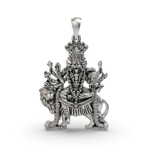 Front view of the handcrafted Silver Pratyangira Pendant, showcasing the detailed goddess in 925 oxidized silver.