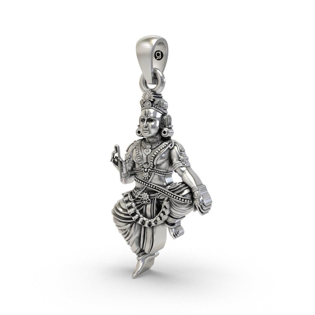 Angled view of the handcrafted Lord Ayyappa silver pendant, highlighting the intricate details and lightweight hollow back.