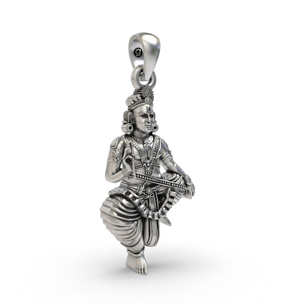 Close-up of the South Indian deity Sastha Ayyappa pendant made from 925 silver with a traditional antique oxidized look.