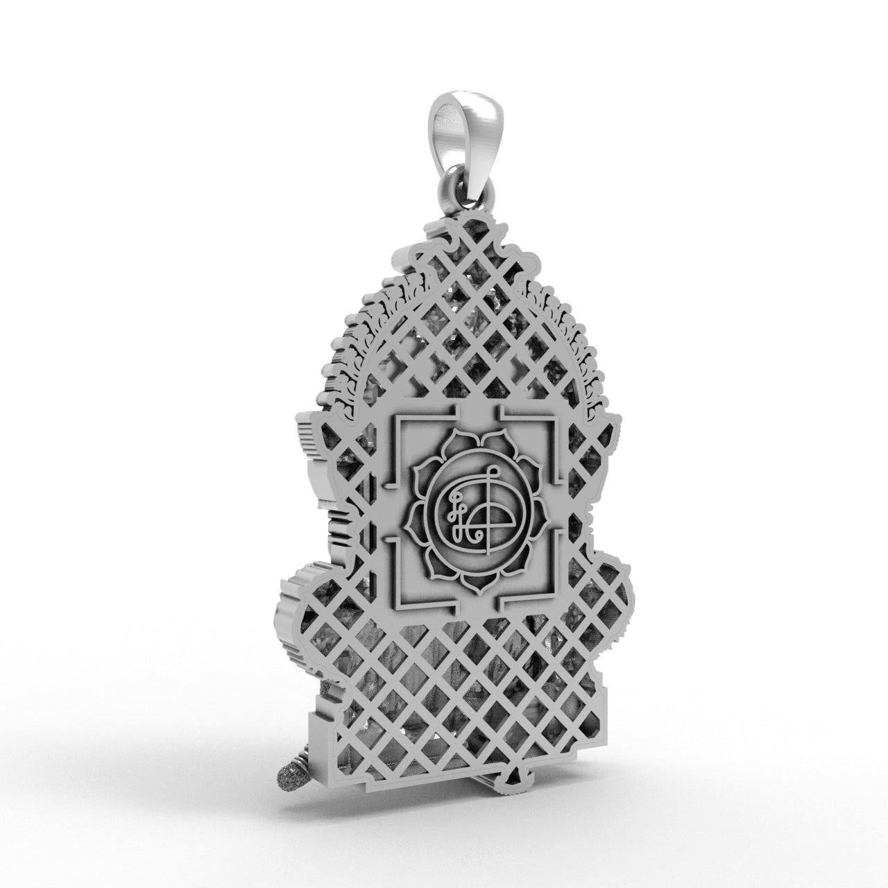 Angled view of the Angala Parameswari Amman 925 Silver Pendant, displaying the detailed spiritual craftsmanship.