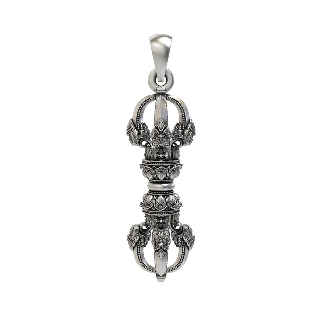 Front view of the 925 sterling silver Vajra Dorje pendant showing intricate handcrafted oxidized details.