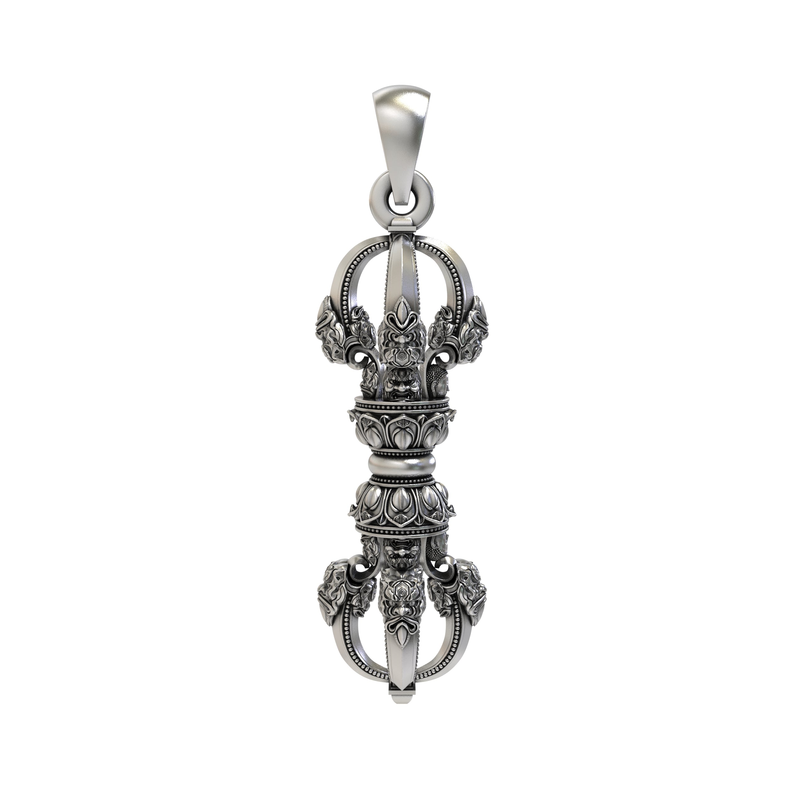 Front view of the 925 sterling silver Vajra Dorje pendant showing intricate handcrafted oxidized details.