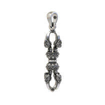 Close-up detail of the oxidized 925 silver Vajra Dorje spiritual charm highlighting traditional patterns.