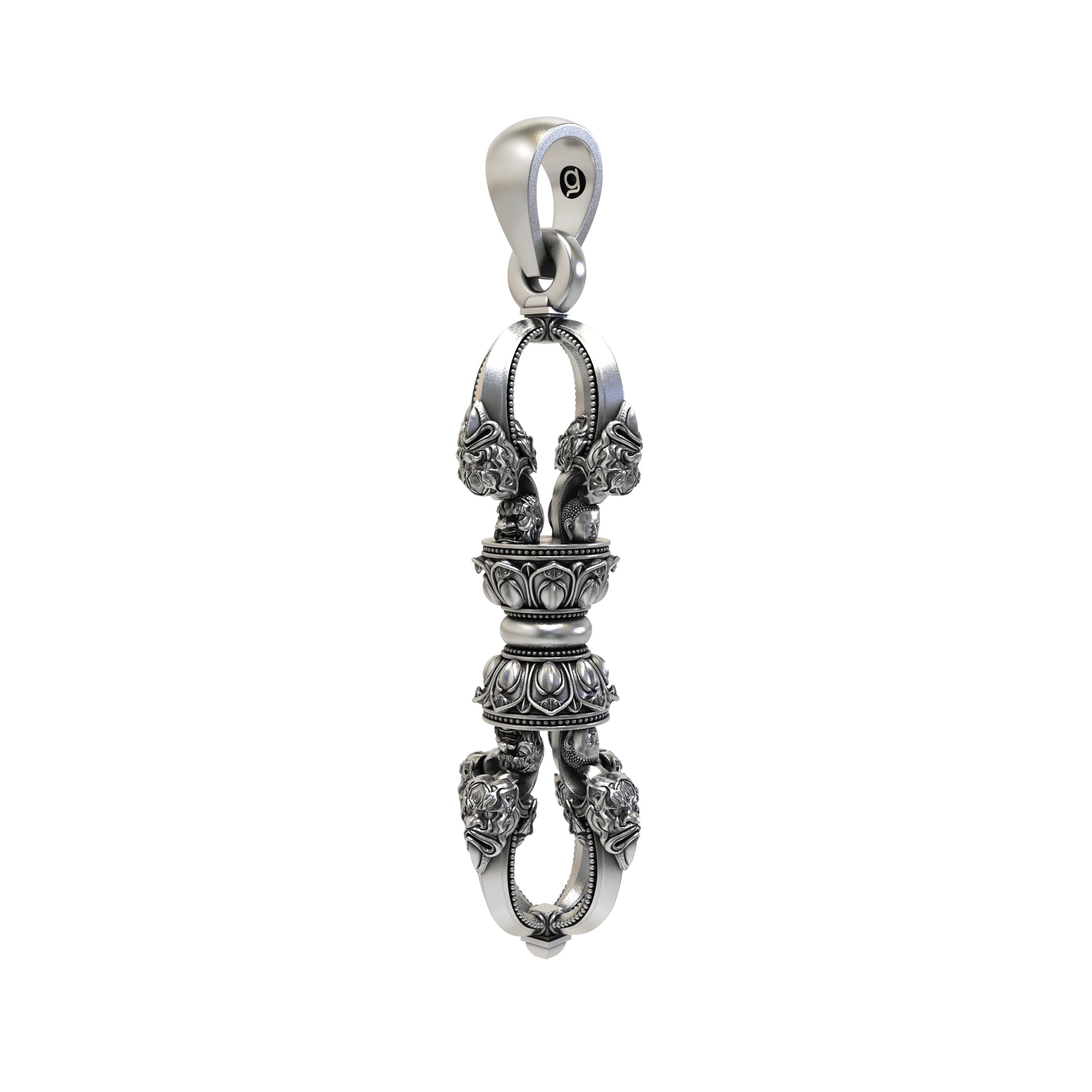 Close-up detail of the oxidized 925 silver Vajra Dorje spiritual charm highlighting traditional patterns.