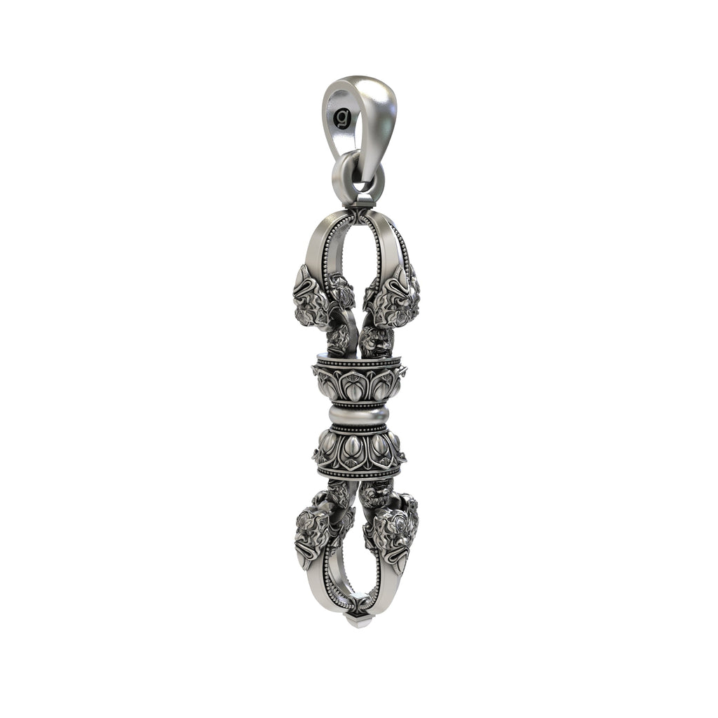 Side profile of the handcrafted Vajra Dorje pendant in 925 sterling silver revealing its 30mm height.