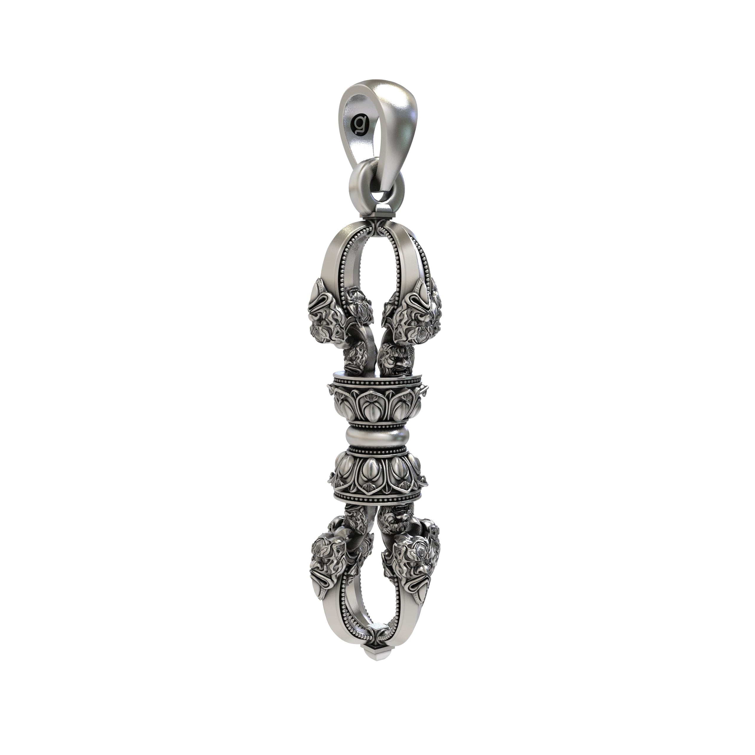 Side profile of the handcrafted Vajra Dorje pendant in 925 sterling silver revealing its 30mm height.