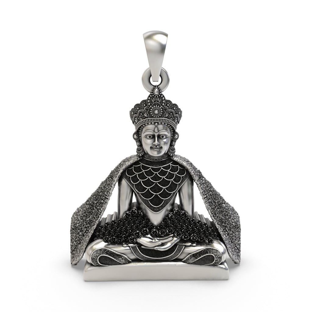 Front view of 925 sterling silver Lord Mahavir Swami pendant with intricate details.