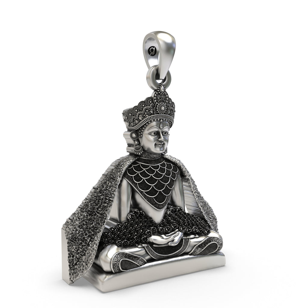 Side profile highlighting the craftsmanship of the silver Lord Mahavir spiritual locket.