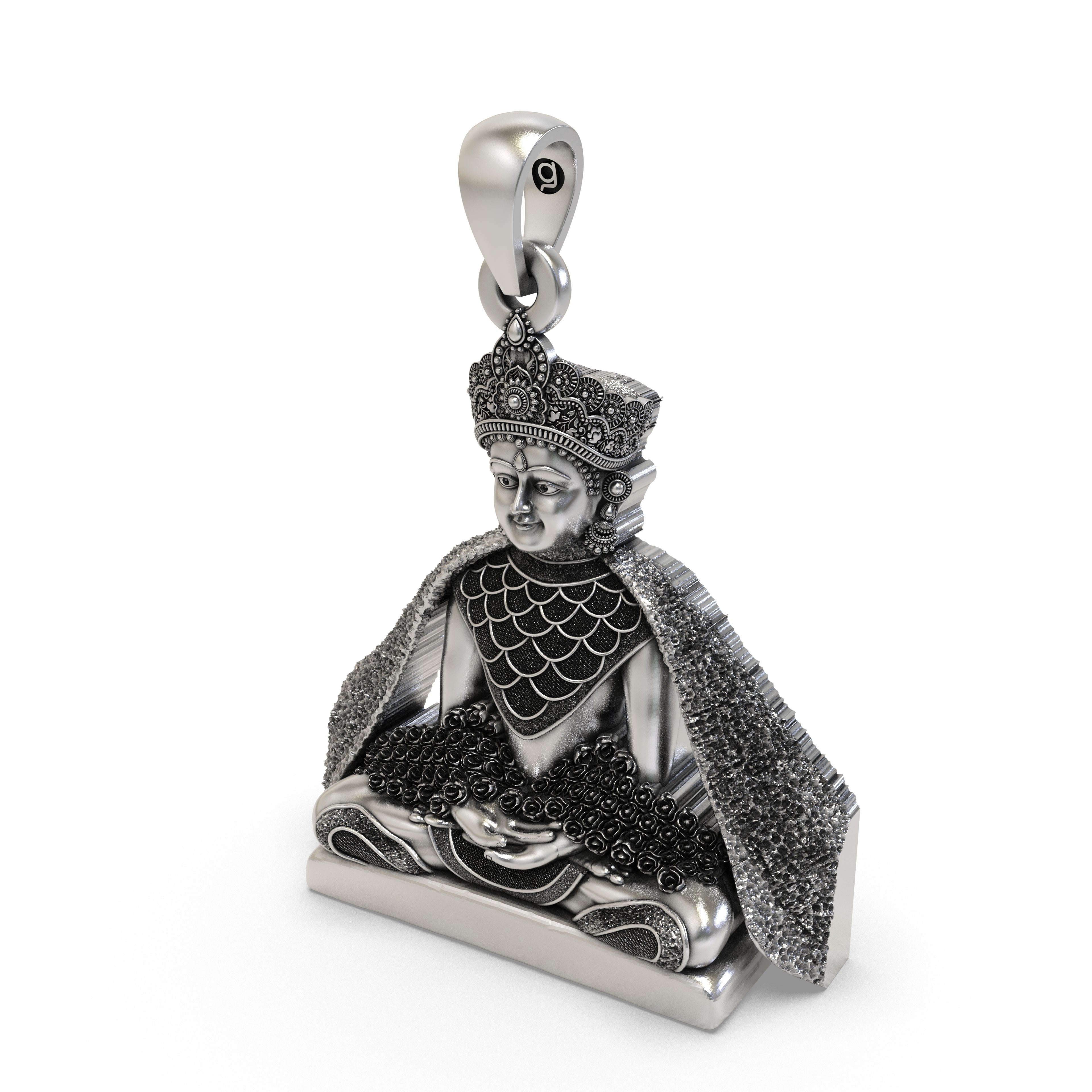 Worn look of the 925 silver Lord Mahavir Swami pendant showcasing its 45mm size.